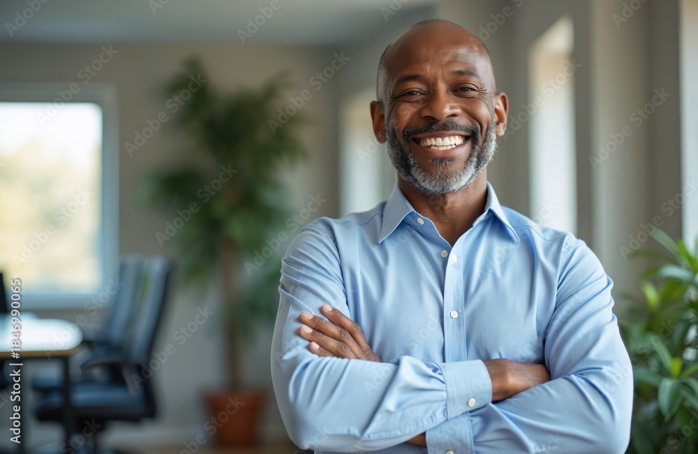 Obraz premium Mature African American man in blue shirt smiles with arms crossed in modern office. Confident pro looks at camera, ready for success. Experienced leader works in corporate business environment.