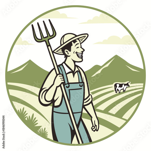 Smiling farmer in overalls holds pitchfork observing cow in the countryside within green circle