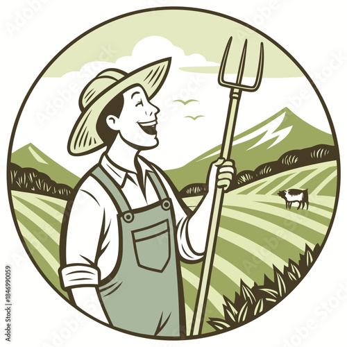 Smiling man wearing overalls holds a pitchfork on a farm with mountains and cow