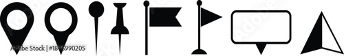 Silhouette Map Pointers - Location Icons  - Black Map Pins, Location Markers, and GPS Navigation Icons- black, place, route, push pin, thumbtack, position, arrow, label, graphic, travel