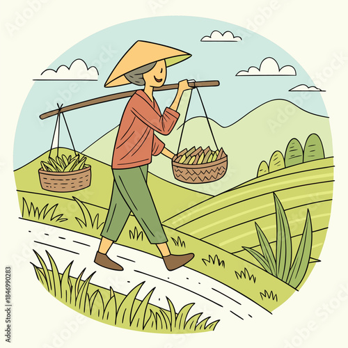 Smiling Asian woman in conical hat carries baskets on a pole through rural farmland