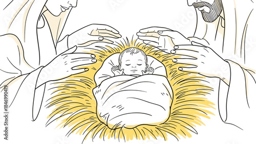 Tender illustration of a newborn infant cradled in a humble manger, surrounded by protective, caring hands in a solemn, dark setting.