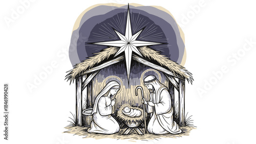Serene night illustration of the holy family's nativity scene with a guiding star over a humble stable and the baby