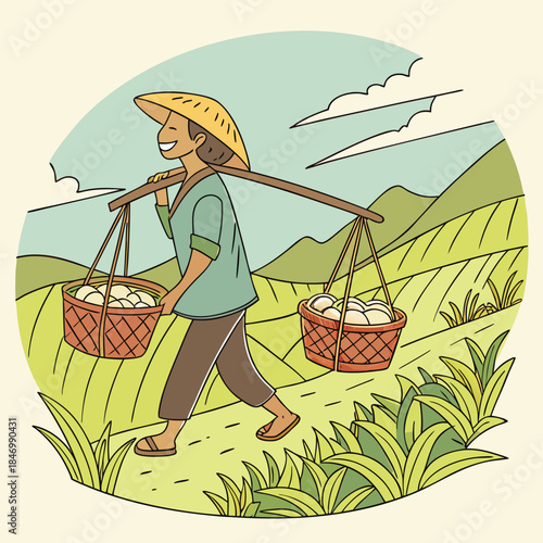 Smiling Asian farmer carries full baskets across the rice paddy fields in a colorful scene