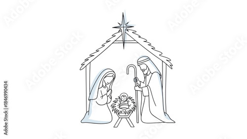 Graceful outline drawing of the sacred birth event, showing Mary, Joseph, and baby in a stable with a bright guiding star.