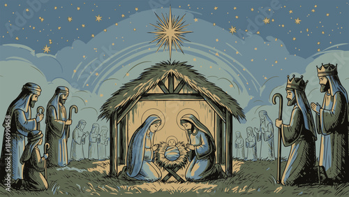 Historical illustration of the sacred birth event in a humble stable, featuring the holy family, wise men, and shepherds under a guiding star at night.