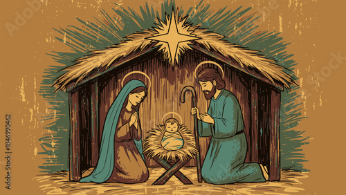 Rustic illustration of the nativity scene with Mary and Joseph adoring baby Jesus in a humble stable under a star.