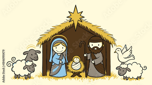 Cartoon illustration of the sacred nativity, with the holy family, baby, sheep, dove, and star in a rustic stable.