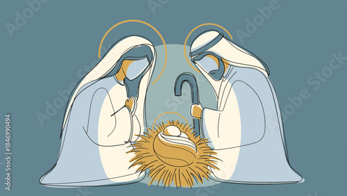 Minimalist illustration of the Holy Family at the nativity, depicting Mary, Joseph, and baby Jesus in a manger, symbolizing peace and tradition.