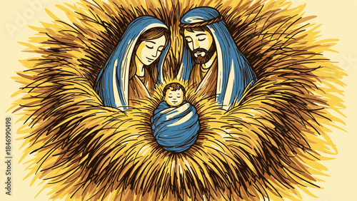 Reverent illustration of the sacred birth event, showing Mary and Joseph watching over the infant in a hay-lined manger, depicting a pivotal moment of cultural and religious significance.