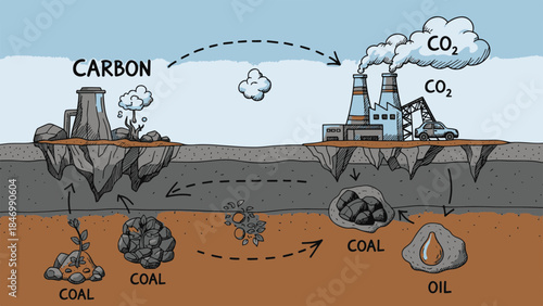 Global Carbon Cycle Illustration: Explaining Industrial Emissions, Fossil Fuel Extraction, and Atmospheric Impact