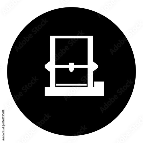 A 3D printer symbol in the center. Isolated white symbol in black circle. Illustration on transparent background