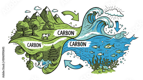 Conceptual illustration depicting the continuous carbon cycle, showcasing its vital flow through diverse terrestrial and marine ecosystems