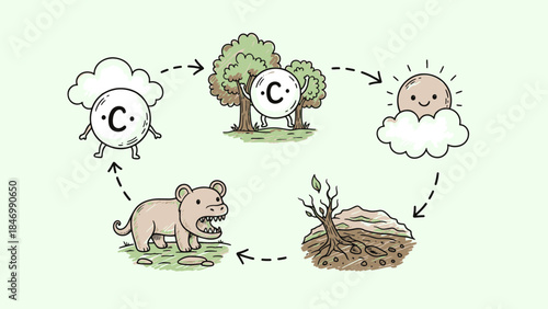 Vibrant cartoon illustration depicting a natural ecosystem cycle, featuring a smiling sun, cloud, trees, soil, and a bear.