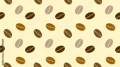 Seamless coffee bean pattern with various brown coffee beans on a light cream background, expressing warmth, aroma, and café atmosphere, ideal for coffee branding, packaging, menu design