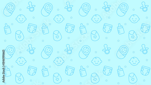 Seamless baby pattern with cute line icons of pacifiers, milk bottles, diapers, smiling baby faces, and rattles on a light blue background, perfect for nursery design, baby products, parenting themes