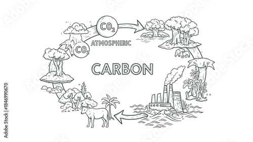 Educational diagram illustrating the intricate atmospheric carbon cycle, highlighting natural processes, industry, and environmental impact.