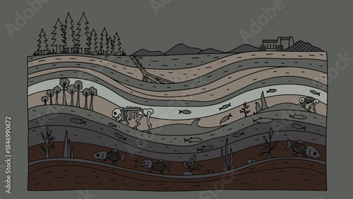 Educational illustration of Earth's deep geological cross-section revealing ancient fossils, diverse prehistoric life, and strata.