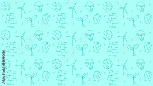 Seamless eco energy pattern with line icons of wind turbines, solar panels, recycling bins, light bulbs on a turquoise background, representing sustainability and renewable energy concepts