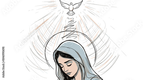Serene illustration of a woman in contemplation, bathed in divine light descending from a symbolic dove.