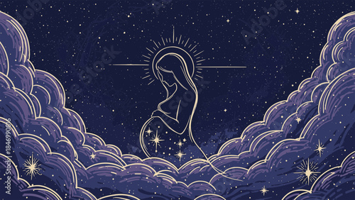 Ethereal illustration of a pregnant woman, her belly a cosmic marvel, glowing under a halo against a starry night sky.