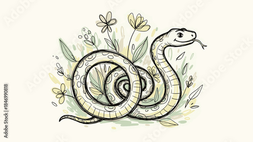 Whimsical illustration: Smiling snake coiled among lush green leaves and gentle pastel flowers.