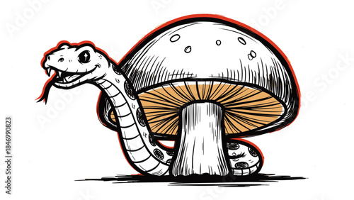 Mysterious illustration of a serpent coiling around a glowing fungi in a dark, stylized environment.