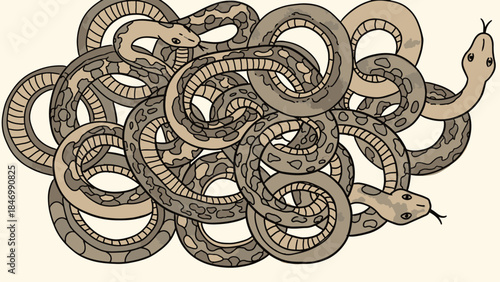Intricate illustration of numerous patterned snakes tightly coiled and intertwined on a light background