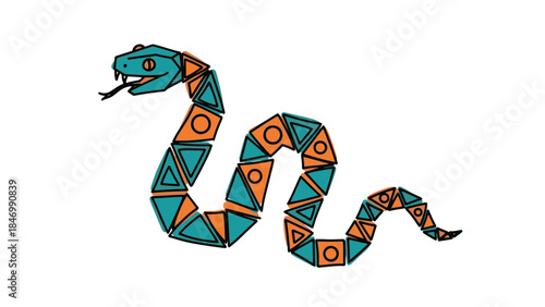 Vibrant abstract geometric snake illustration with teal and orange shapes on a dark background, creative reptile artwork