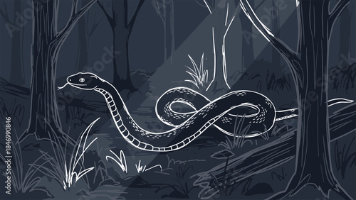 A sleek serpent gracefully navigating the dim, moonlit forest floor, an illustrative night scene capturing wildlife.