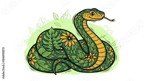 Intricate botanical illustration of a coiled green snake with floral patterns, a vibrant nature-inspired design.