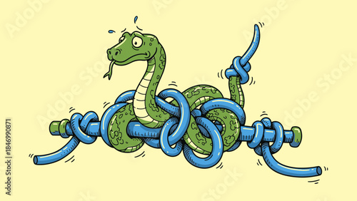 Vivid cartoon illustration of a distressed green snake tightly entangled in a complex blue rope knot, depicting a difficult dilemma.