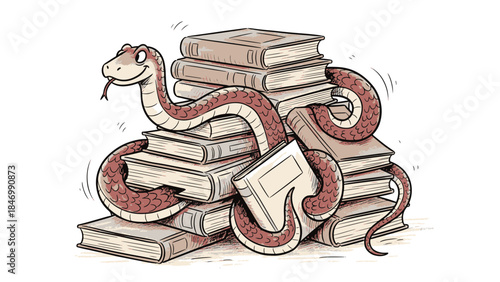 Playful illustration of a cheerful snake exploring a towering pile of books, symbolizing wisdom and a love for learning.