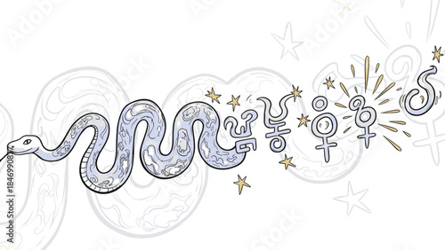 Enchanting Serpent Artistically Coiling Around Mystical Celestial Bodies and Esoteric Symbols in a Cosmic Display