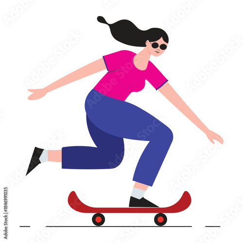 Modern Female Skateboarder Vector Illustration, Young Woman Riding Skateboard in Flat Design Style
