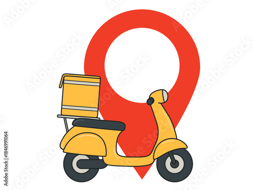 A yellow moped with a food delivery box and a red location sign - a delivery service concept. Flat Vector illustration isolated on a white background