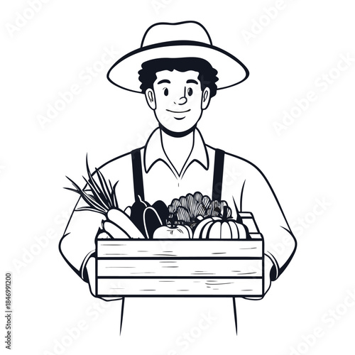 Smiling farmer holds a wooden crate filled with harvested vegetables, showcasing his bounty in monochrome
