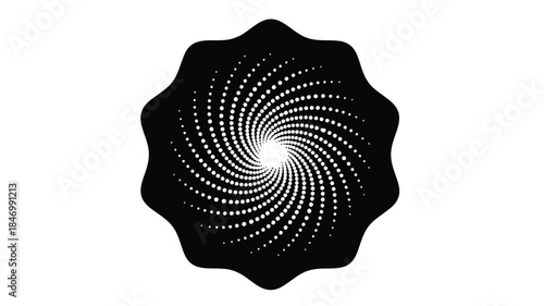 A striking black and white spiral design contained within an ornate jagged polygonal shape