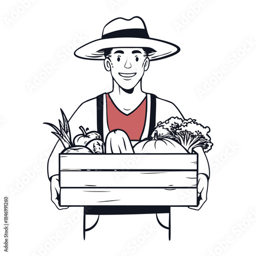 Smiling man in hat holds wooden crate filled with variety of harvested vegetables