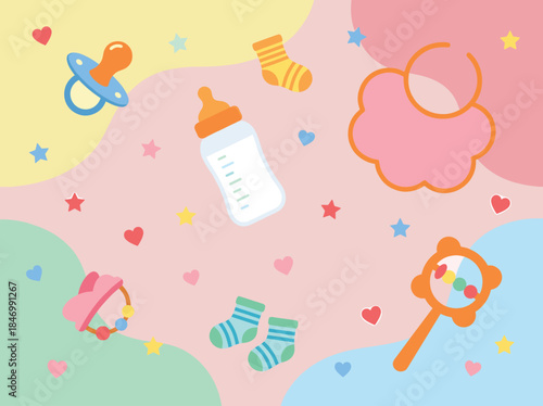 Baby accessories background illustration with pacifier bottle socks rattle hearts stars