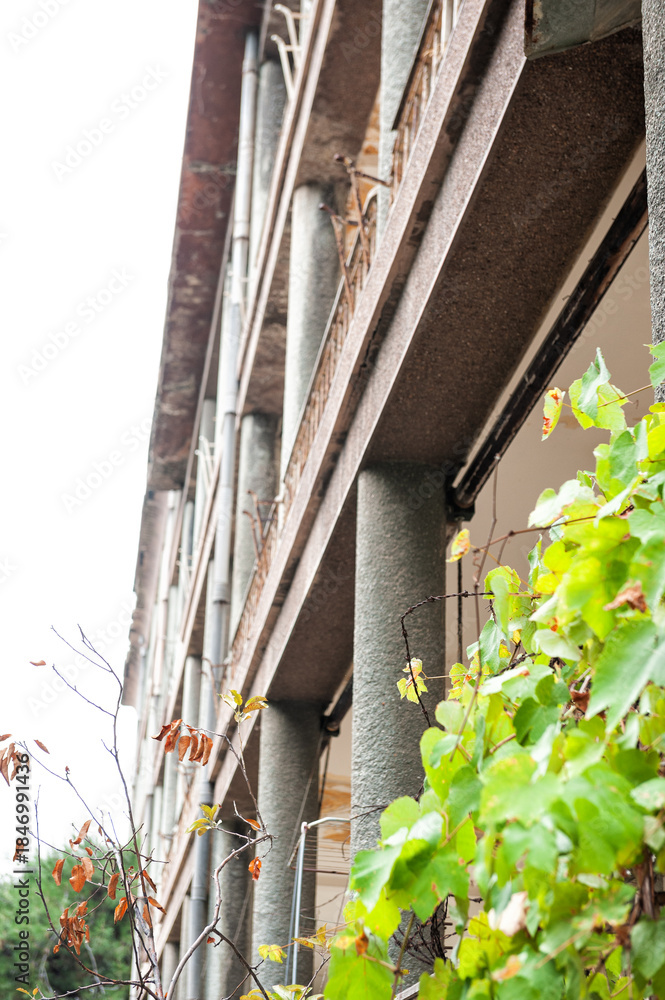 Naklejka premium Weathered abandoned building facade with columns