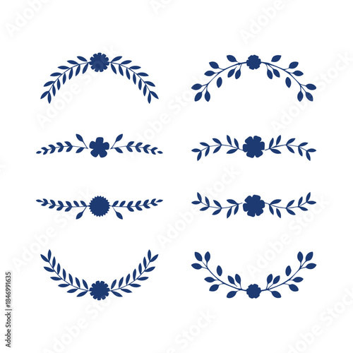 Set of 8 Semi-Circular Floral Laurels and Curved Dividers - Flower and Leaf Silhouette Vector