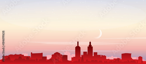 Red panoramic poster of the city skyline with misty background buildings, sunrise, moon and clouds of MELBOURNE, AUSTRALIA