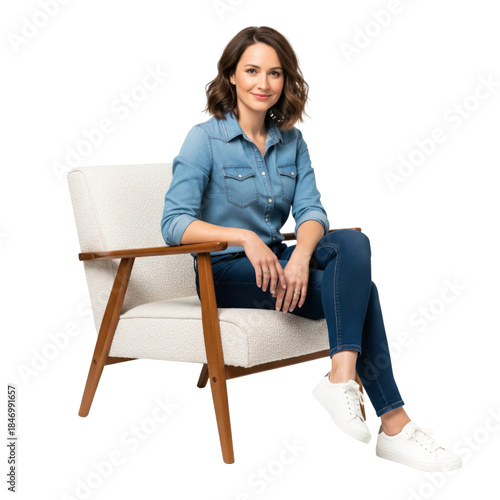 Young woman sitting on a chair isolated on white background