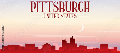 Red panoramic poster of the city skyline with misty background buildings, sunrise, moon and clouds of PITTSBURGH, UNITED STATES