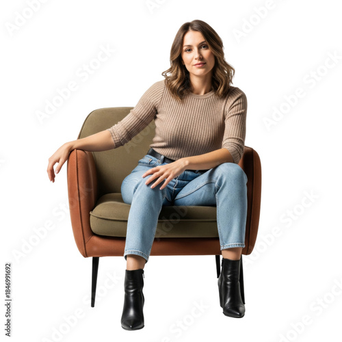 Young woman sitting on a chair isolated on white background