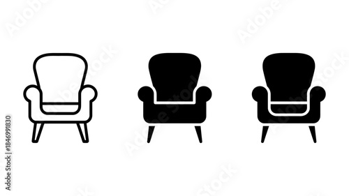Armchair icons in outline, solid black, and dual tone styles