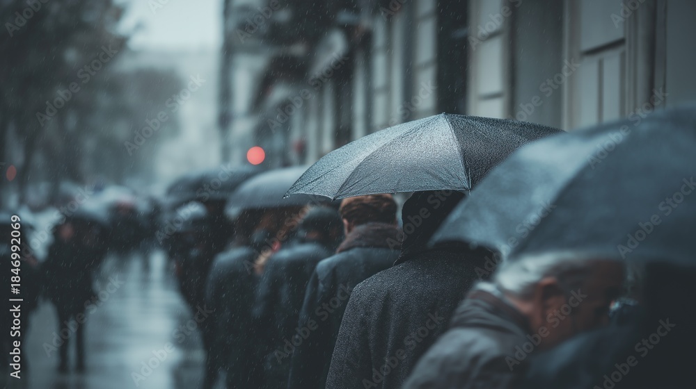 Obraz premium People with Umbrellas Lined in Rain