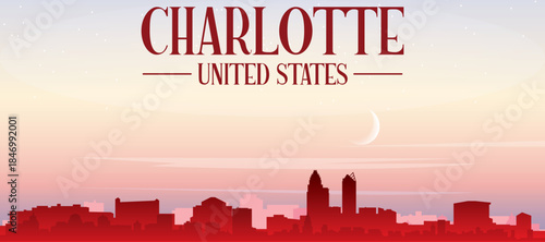 Red panoramic poster of the city skyline with misty background buildings, sunrise, moon and clouds of CHARLOTTE, UNITED STATES