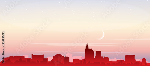 Red panoramic poster of the city skyline with misty background buildings, sunrise, moon and clouds of JACKSON, UNITED STATES